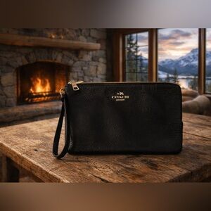 Coach Black Pebbled Leather Wristlet with Gold Hardware